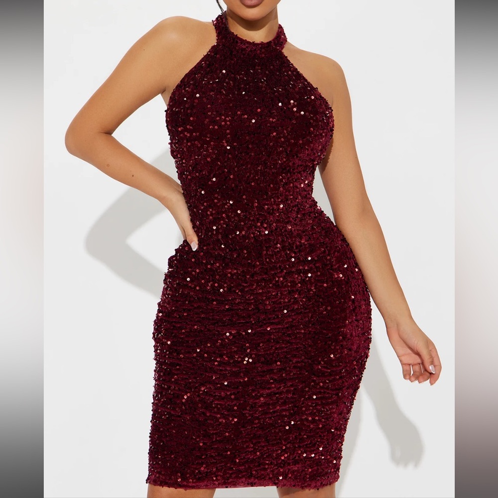 Fashionnova Red Sequin Halter Midi Dresss Size M